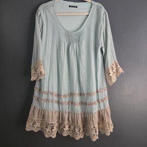 Adorn Light Blue Crinkle Gauze Babydoll Dress With Butterfly Trim